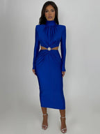 Mock Neck Ruched Long Sleeve Rhinestone Brooch Waist Cutout Bodycon Maxi Dress