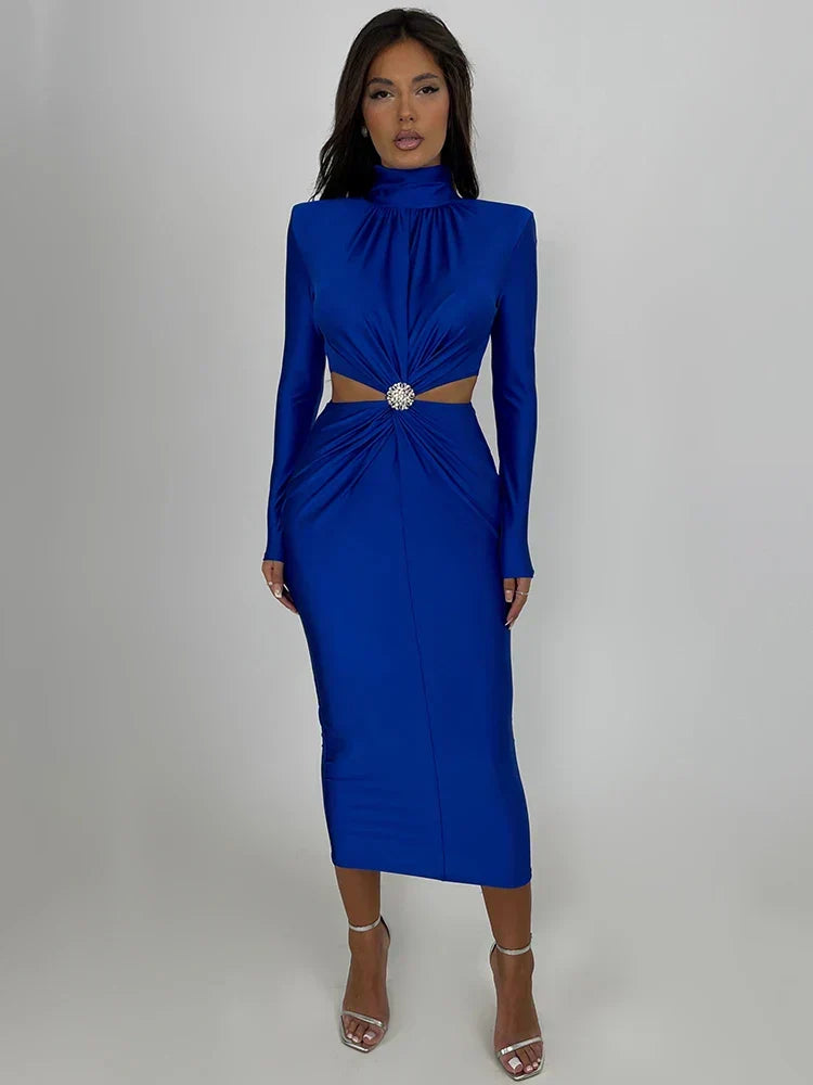 Mock Neck Ruched Long Sleeve Rhinestone Brooch Waist Cutout Bodycon Maxi Dress