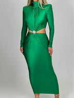 Mock Neck Ruched Long Sleeve Rhinestone Brooch Waist Cutout Bodycon Maxi Dress
