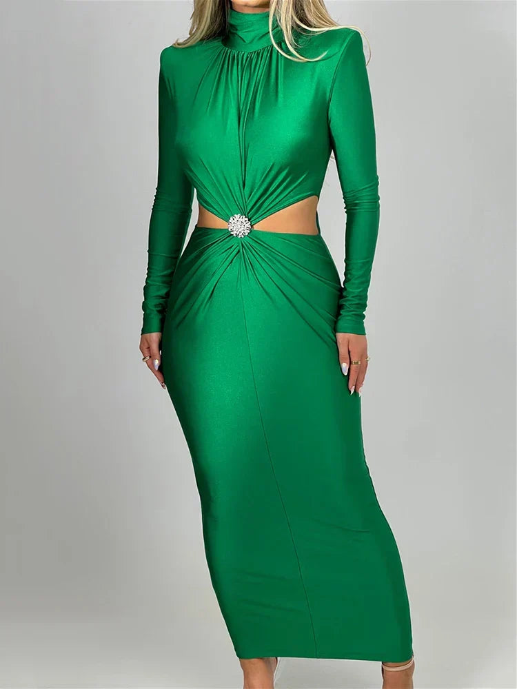 Mock Neck Ruched Long Sleeve Rhinestone Brooch Waist Cutout Bodycon Maxi Dress