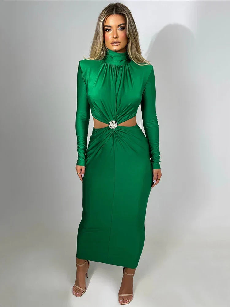 Mock Neck Ruched Long Sleeve Rhinestone Brooch Waist Cutout Bodycon Maxi Dress