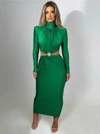 Mock Neck Ruched Long Sleeve Rhinestone Brooch Waist Cutout Bodycon Maxi Dress
