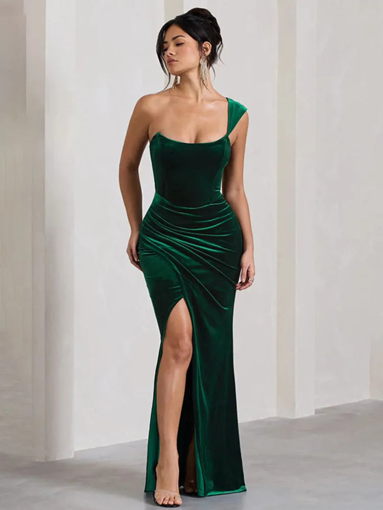 Velvet One Shoulder Corset Bodice Ruched High Split Maxi Dress