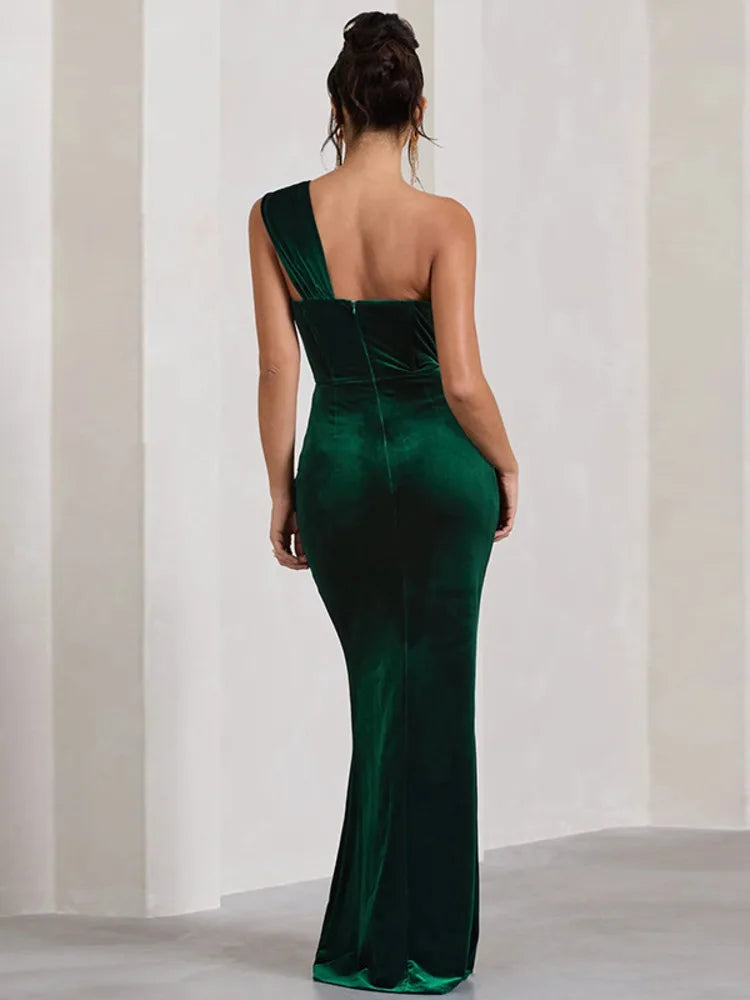 Velvet One Shoulder Corset Bodice Ruched High Split Maxi Dress