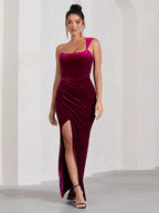 Velvet One Shoulder Corset Bodice Ruched High Split Maxi Dress