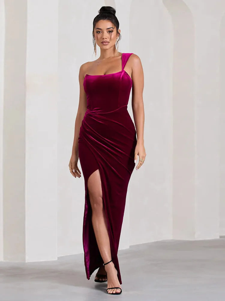 Velvet One Shoulder Corset Bodice Ruched High Split Maxi Dress