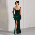 Velvet One Shoulder Corset Bodice Ruched High Split Maxi Dress