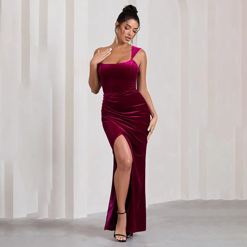 Velvet One Shoulder Corset Bodice Ruched High Split Maxi Dress