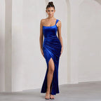 Velvet One Shoulder Corset Bodice Ruched High Split Maxi Dress
