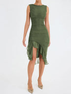 Sleeveless Ruched Mesh Asymmetric Ruffle Hem High Split Midi Dress