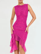 Sleeveless Ruched Mesh Asymmetric Ruffle Hem High Split Midi Dress