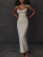 Sweetheart Lace Trim Corset Boned Mesh Bodycon Maxi Dress