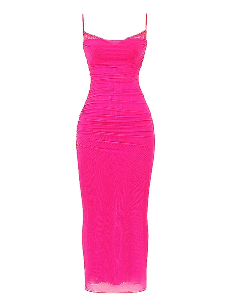 Sweetheart Lace Trim Corset Boned Mesh Bodycon Maxi Dress