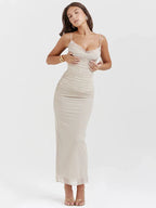 Sweetheart Lace Trim Corset Boned Mesh Bodycon Maxi Dress