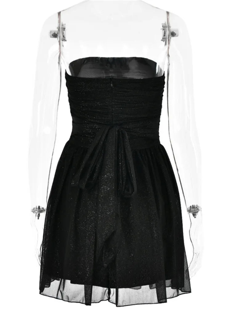 Strapless Ruched Bodice Sequin Overlay Fit and Flare Mini Dress