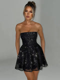 Strapless Ruched Bodice Sequin Overlay Fit and Flare Mini Dress