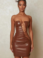 Faux Leather Strapless Lace Up Diagonal Cut Out Bodycon Mini Dress