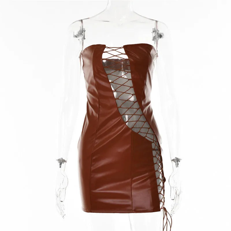 Faux Leather Strapless Lace Up Diagonal Cut Out Bodycon Mini Dress