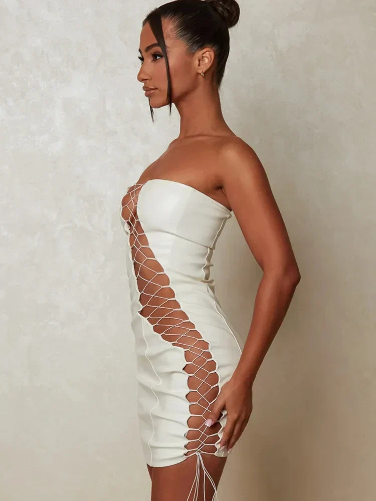 Faux Leather Strapless Lace Up Diagonal Cut Out Bodycon Mini Dress