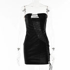 Faux Leather Strapless Lace Up Diagonal Cut Out Bodycon Mini Dress