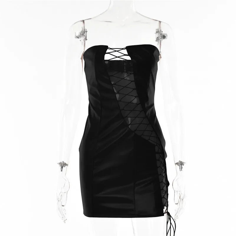 Faux Leather Strapless Lace Up Diagonal Cut Out Bodycon Mini Dress