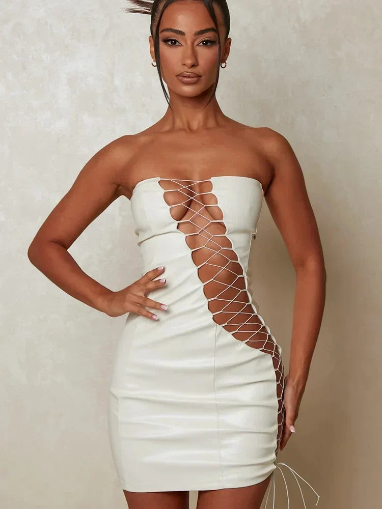 Faux Leather Strapless Lace Up Diagonal Cut Out Bodycon Mini Dress