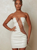 Faux Leather Strapless Lace Up Diagonal Cut Out Bodycon Mini Dress