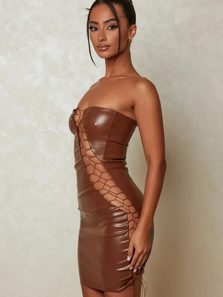 Faux Leather Strapless Lace Up Diagonal Cut Out Bodycon Mini Dress