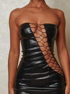 Faux Leather Strapless Lace Up Diagonal Cut Out Bodycon Mini Dress