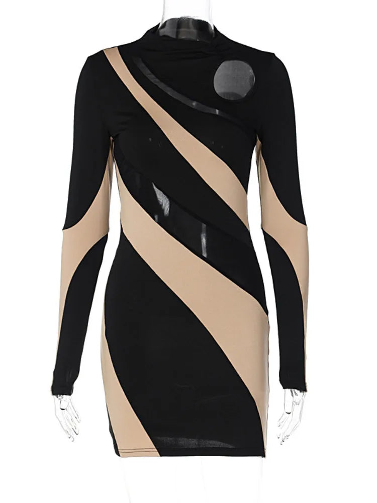 Mock Neck Long Sleeve Mesh Panel Cutout Patchwork Bodycon Mini Dress