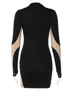 DressBetty - 2024 Patchwork Contrast Color O Neck Mini Dress Cut Out Dresses