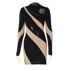 DressBetty - 2024 Patchwork Contrast Color O Neck Mini Dress Cut Out Dresses