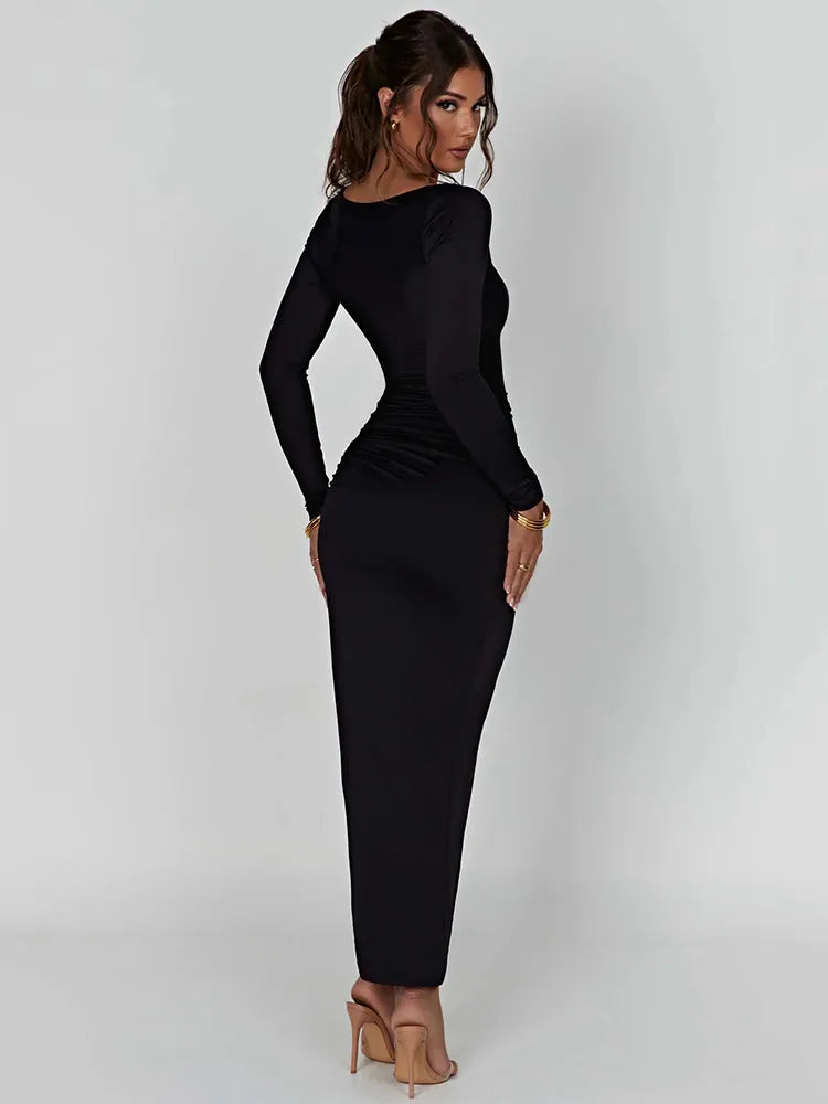 Square Neck Long Sleeve Ruched Drawstring High Split Maxi Dress