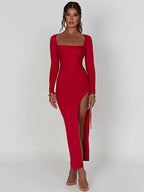 Square Neck Long Sleeve Ruched Drawstring High Split Maxi Dress