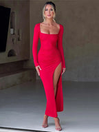 Square Neck Long Sleeve Ruched Drawstring High Split Maxi Dress