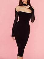 Corset Bodice Choker Neck Cold Shoulder Mesh Long Sleeve Bodycon Midi Dress