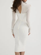 Corset Bodice Choker Neck Cold Shoulder Mesh Long Sleeve Bodycon Midi Dress