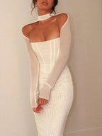 Corset Bodice Choker Neck Cold Shoulder Mesh Long Sleeve Bodycon Midi Dress
