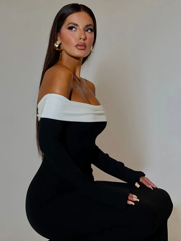 Off-the-Shoulder Contrast Foldover Long Sleeve Bodycon Maxi Dress