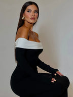 Off-the-Shoulder Contrast Foldover Long Sleeve Bodycon Maxi Dress