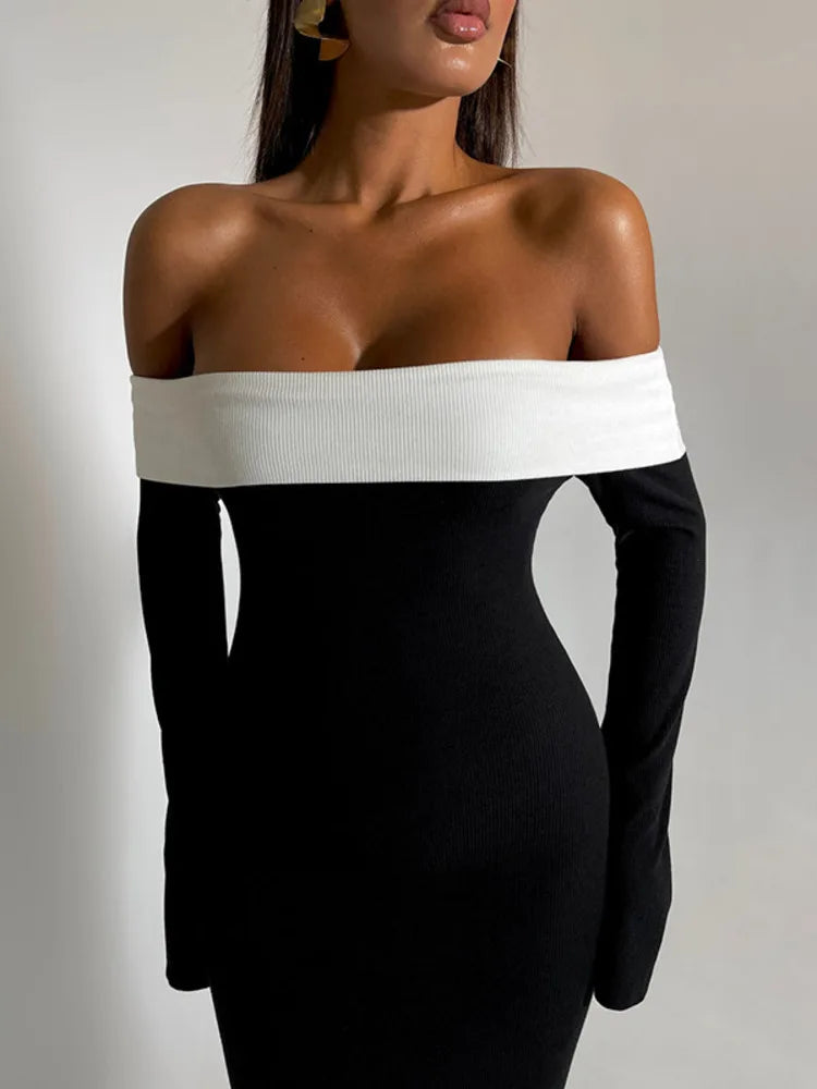 Off-the-Shoulder Contrast Foldover Long Sleeve Bodycon Maxi Dress