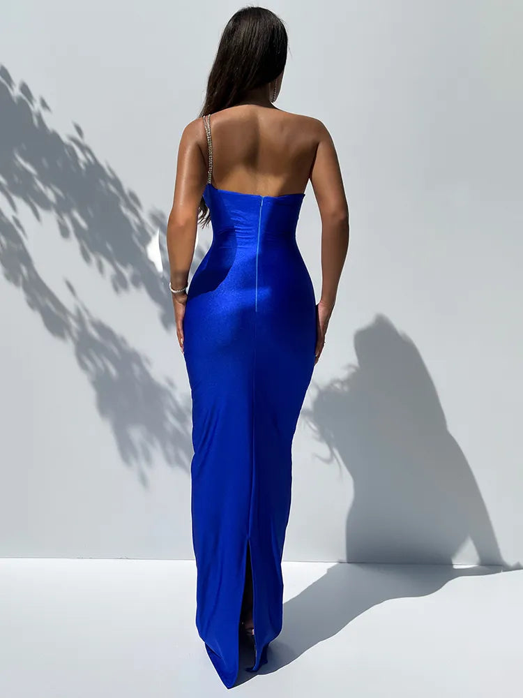 One-Shoulder Rhinestone Double Strap Ruched Bodycon Maxi Dress