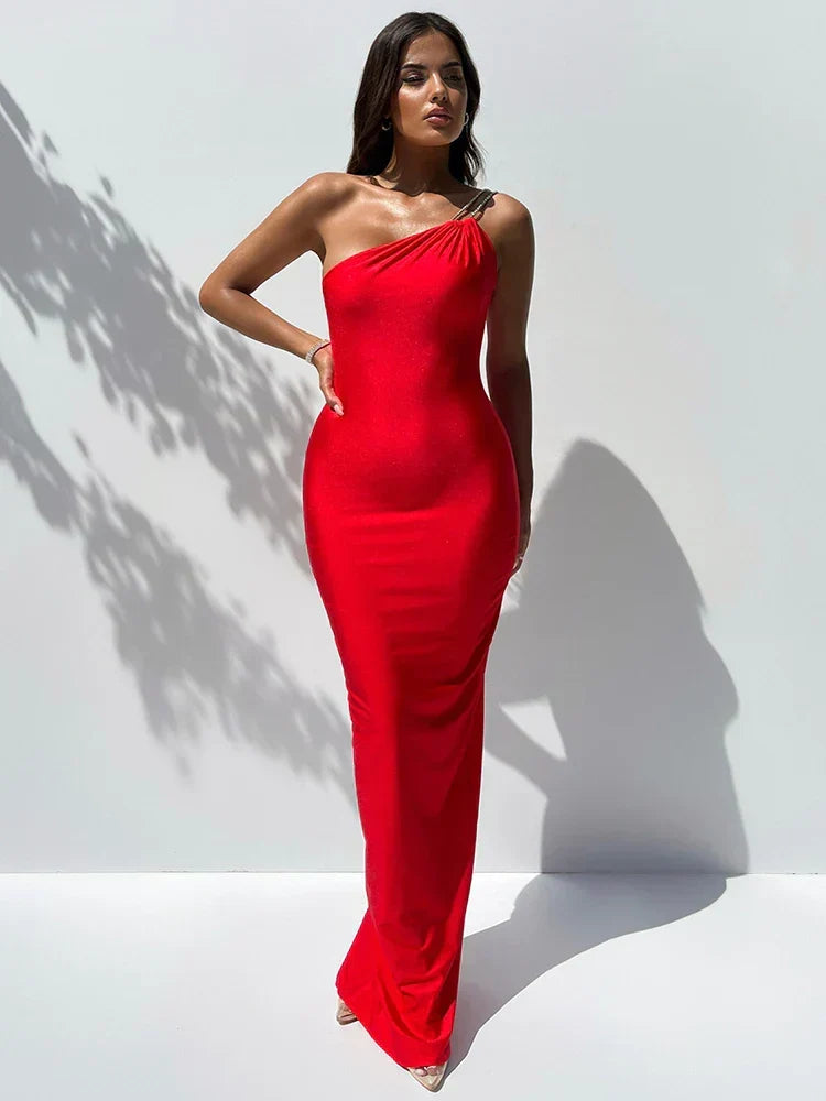 One-Shoulder Rhinestone Double Strap Ruched Bodycon Maxi Dress