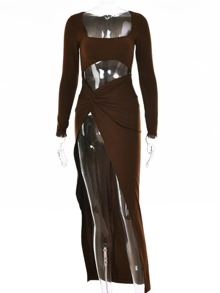 Square Neck Long Sleeve Midriff Cutout Knotted Hip Side Slit Maxi Dress