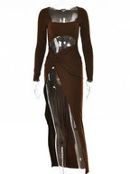 Square Neck Long Sleeve Midriff Cutout Knotted Hip Side Slit Maxi Dress