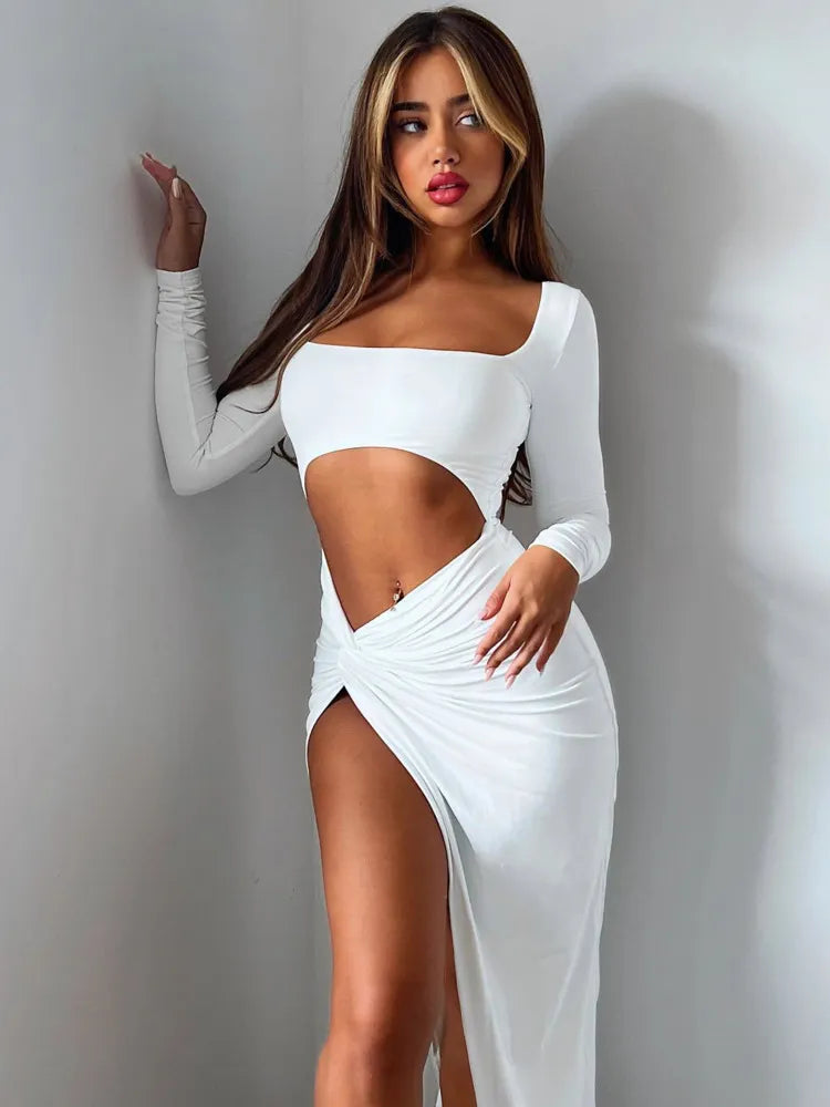 Square Neck Long Sleeve Midriff Cutout Knotted Hip Side Slit Maxi Dress