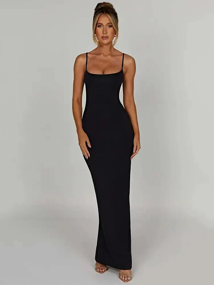 Spaghetti Strap Square Neck Bodycon Floor Length Maxi Dress