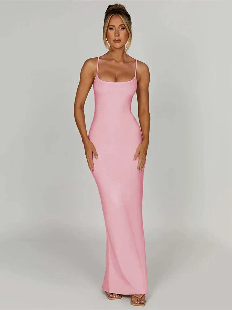 Spaghetti Strap Square Neck Bodycon Floor Length Maxi Dress