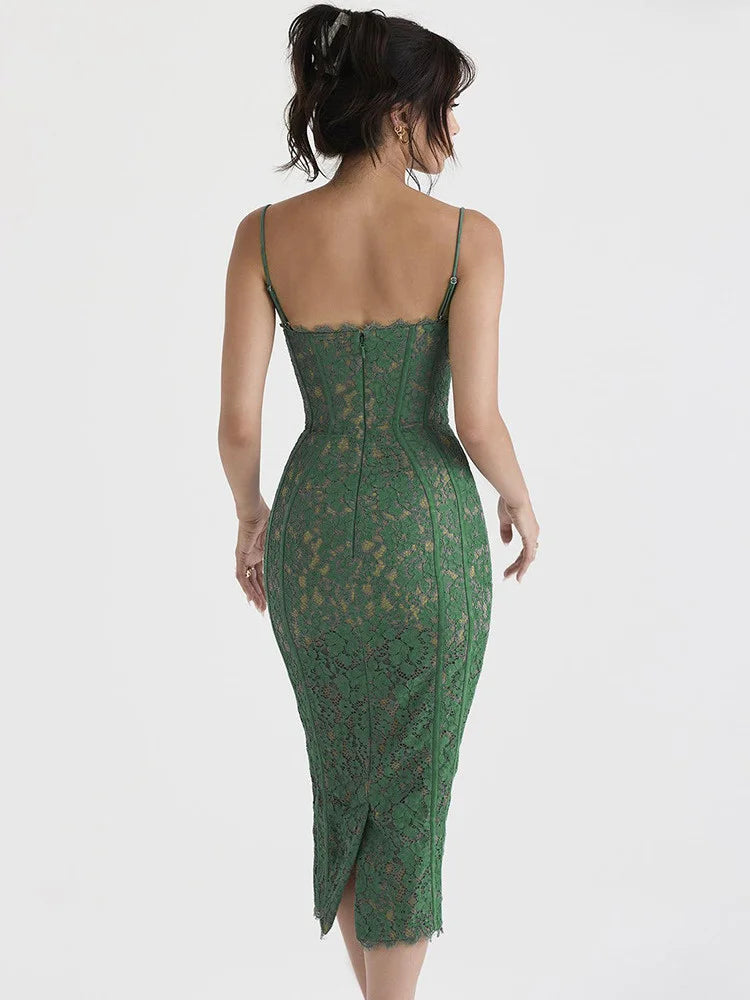 Floral Lace Corset Bodice Spaghetti Strap Bodycon Midi Dress