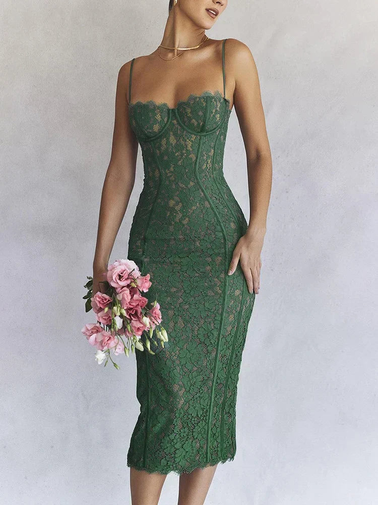 Floral Lace Corset Bodice Spaghetti Strap Bodycon Midi Dress